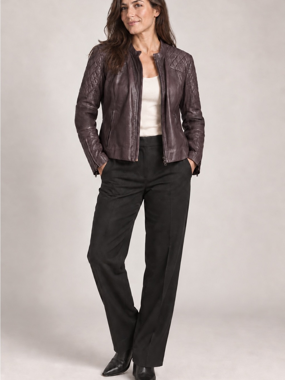 Danier Quilted Leather Jacket - Plum Brown
